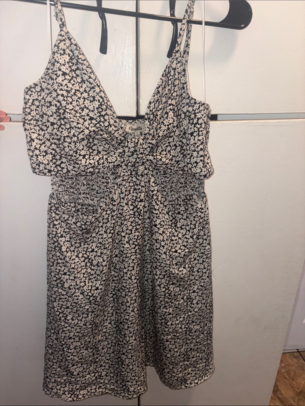 Smocked Floral Mini Dress in Black & White